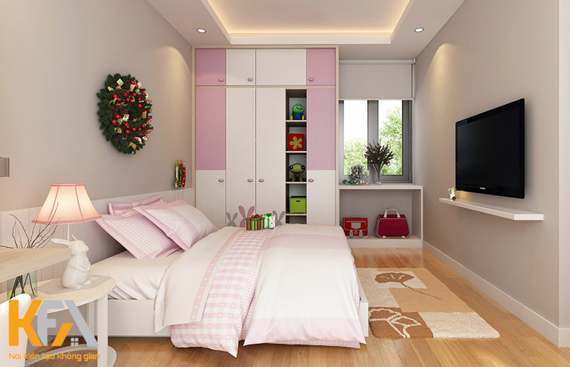 Phòng ngủ nhỏ dành cho bé với thiết kế cửa sổ 2 cánh mở đơn giản, đảm bảo an toàn cho bé