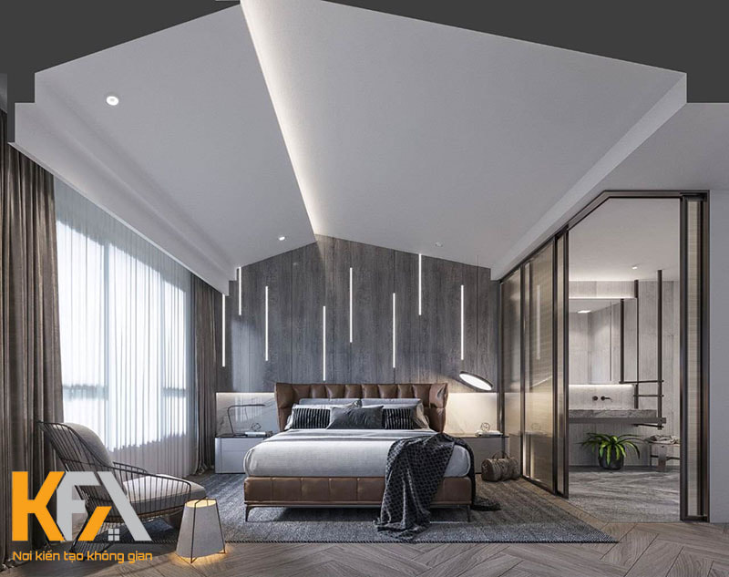 Không gian phòng ngủ lớn với diện tích 50m2 thiết kế nội thất hiện đại, kết hợp cùng nhà vệ sinh bên trong