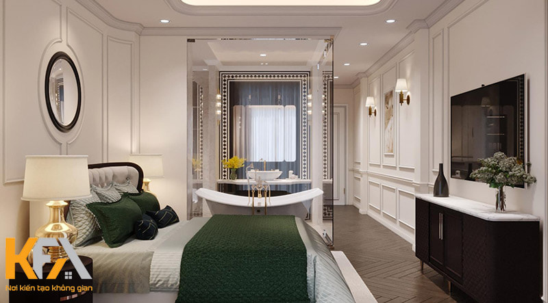 Căn phòng ngủ 40m2 bố trí nhà vệ sinh trong phòng ấn tượng với phong cách nội thất tân cổ điển