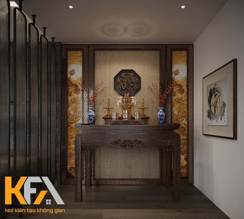 Bố trí nội thất phòng thờ nhà ống sang trọng, nổi bật với tone màu gỗ tự nhiên ấm áp