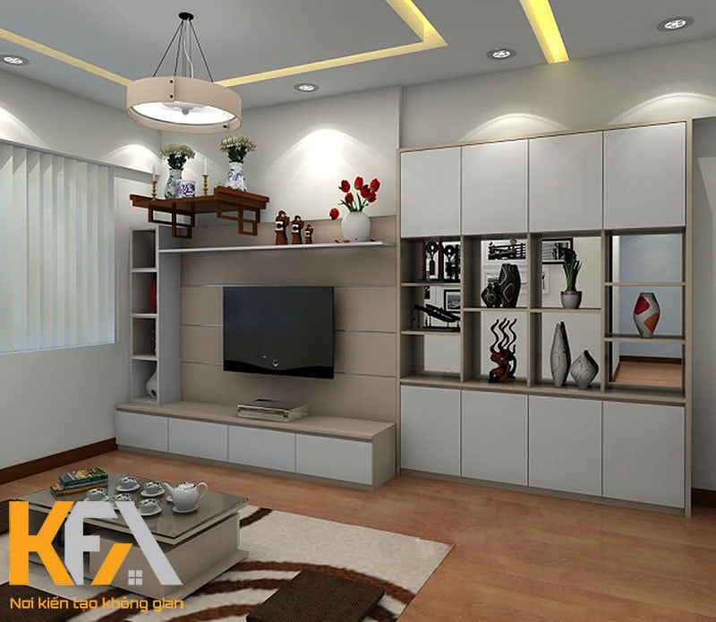 Mẫu thiết kế căn hộ chung cư với bàn thờ treo tường trong phòng khách đơn giản, nhẹ nhàng, đảm bảo sự thanh tịnh