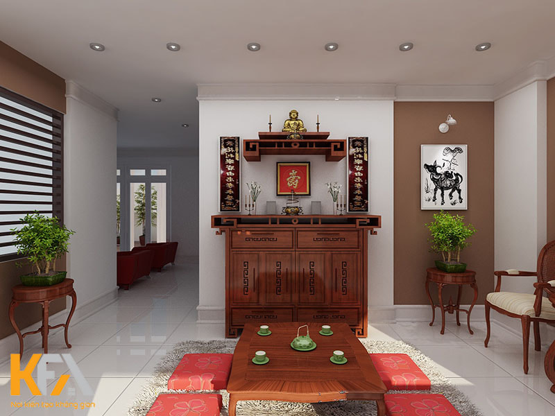 Mẫu bàn thờ gia tiên kết hợp bàn thờ Phật đơn giản, giúp tối ưu diện tích nhà ở