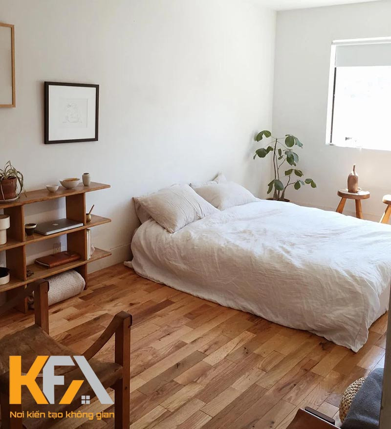 Căn phòng trọ không gác lửng thiết kế hiện đại với tone trắng chủ đạo cùng nội thất màu gỗ ấm áp