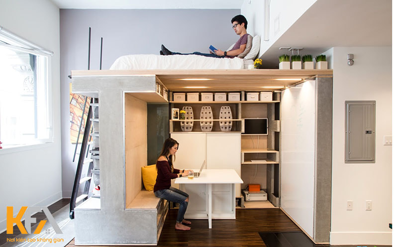 Mẫu thiết kế phòng trọ 15m2 tận dụng tối đa không gian với gác lửng làm giường và khi vực phía dưới làm nơi ăn huống, làm việc