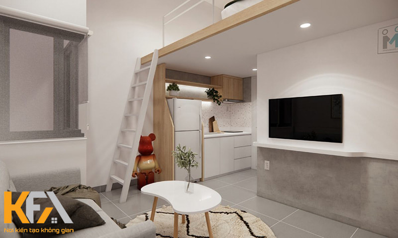 Không gian phòng trọ 25m2 thiết kế với không gian thông thoáng, tone trắng kết hợp nội thất gỗ đơn giản