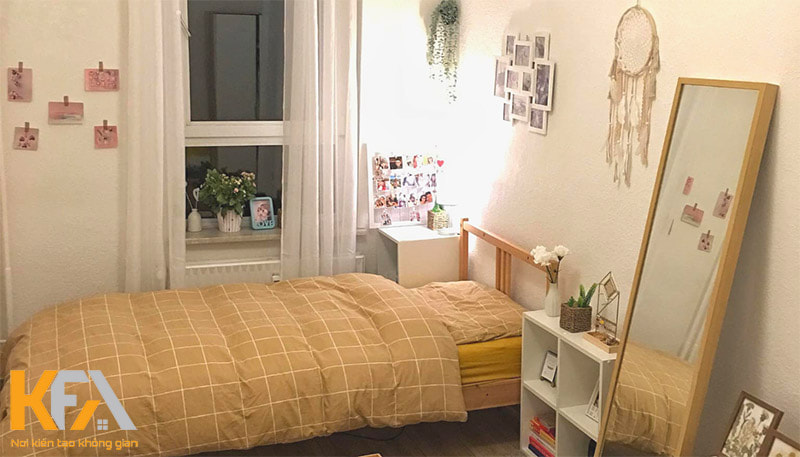 Căn phòng trọ thiết kế đơn giản, tone màu nhẹ nhàng dành cho các bạn nữ