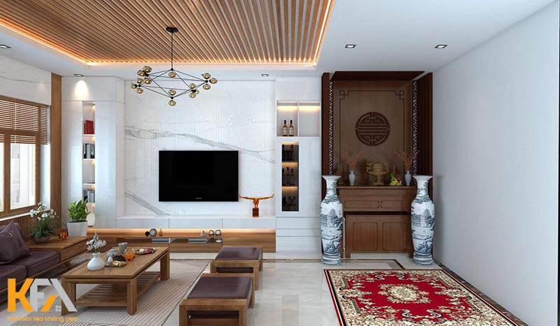 Mẫu trần thạch cao trong không gian phòng khách kết hợp phòng thờ với không gian hiện đại, chất liệu gỗ tự nhiên