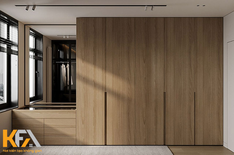 Không gian thiết kế tủ quần áo cửa lùa sang trọng, chất liệu gỗ tự nhiên đơn giản
