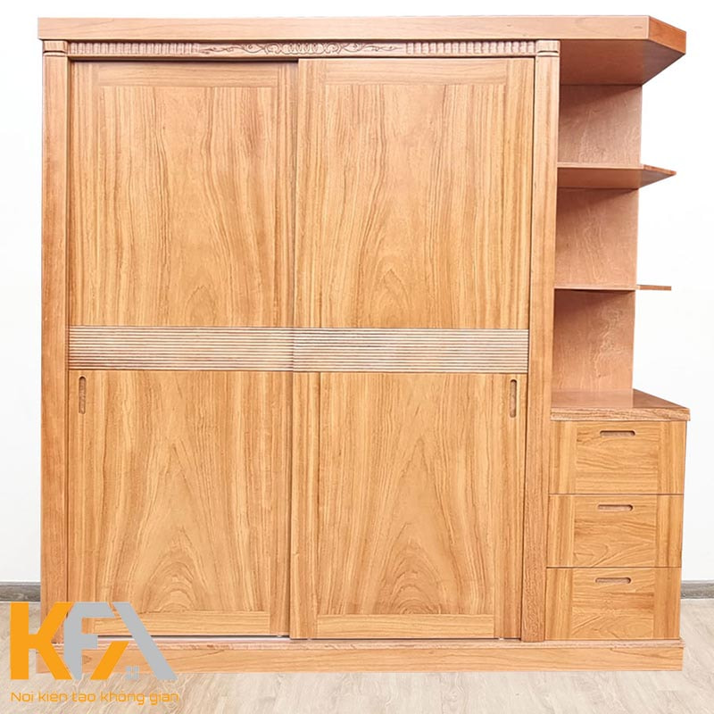 Thiết kế tủ cửa lùa chất liệu gỗ tự nhiên kết hợp kệ trưng bày nổi bật