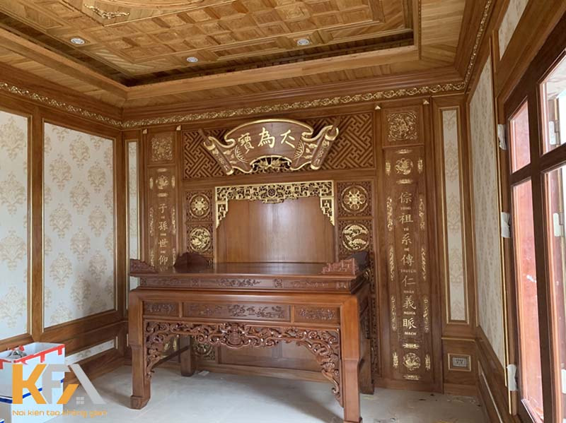 Không gian phòng thờ chất liệu gỗ tự nhiên phong cách truyền thống nổi bật đầy trang nghiêm